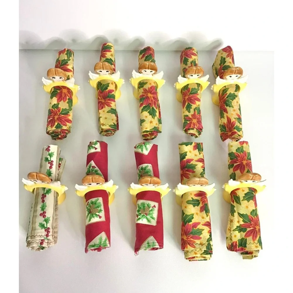 Vintage Christmas Angel Ceramic Napkin Rings & Cloth‎ Napkin 10 Kitschy Holiday